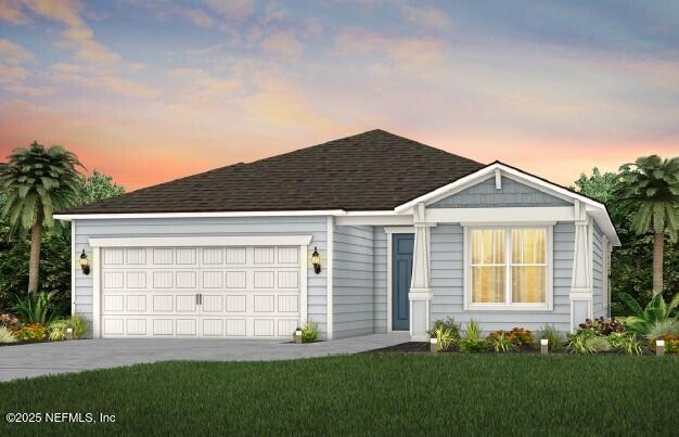 208 Curved Bay Trl, Ponte Vedra, FL 32081 - ranch-style home with a garage, roof with shingles, a front yard, and concrete driveway