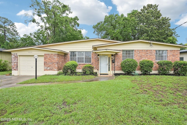 7437 Ortega Hills Dr, Jacksonville, FL 32244 - ranch-style house with driveway, brick siding, a front lawn, and a garage
