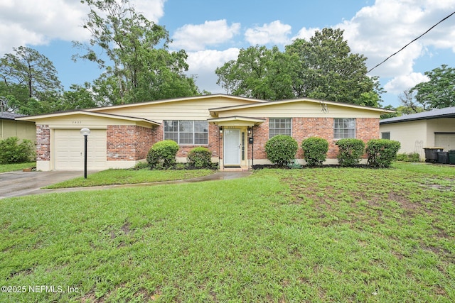 7437 Ortega Hills Dr, Jacksonville, FL 32244 - ranch-style home featuring asphalt driveway, brick siding, a garage, and a front lawn