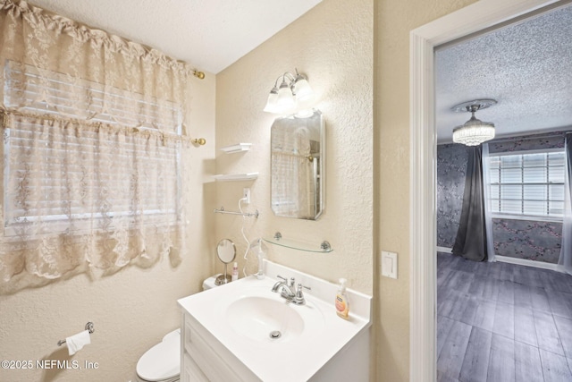 7437 Ortega Hills Dr, Jacksonville, FL 32244 - bathroom featuring a textured ceiling, vanity, toilet, a textured wall, and wood finished floors