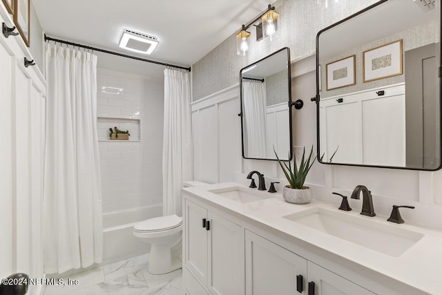 full bathroom featuring a sink, visible vents, shower / bath combination with curtain, and marble finish floor