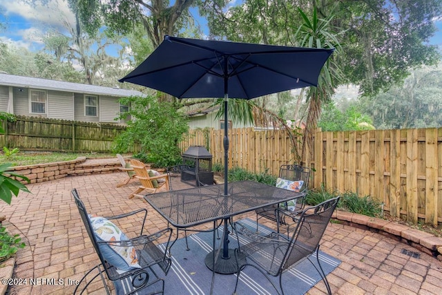 view of patio with a fenced backyard and outdoor dining area