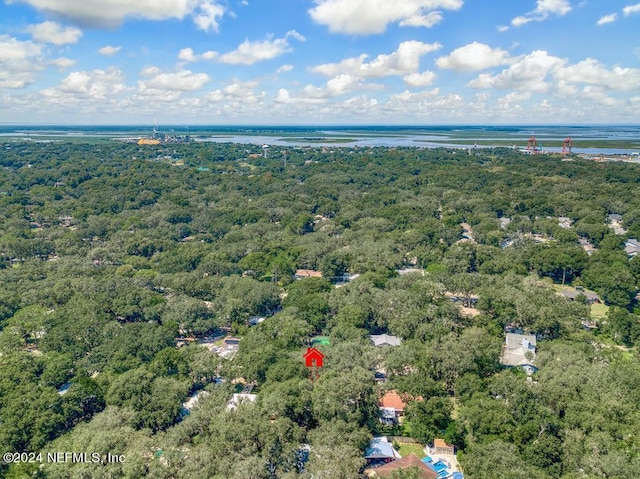 bird's eye view with a water view and a forest view