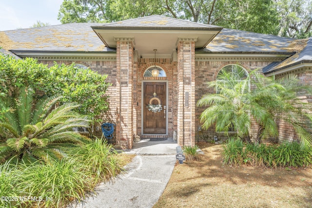 10919 Houndwell Way, Jacksonville, FL 32225 - view of exterior entry with brick siding and a shingled roof