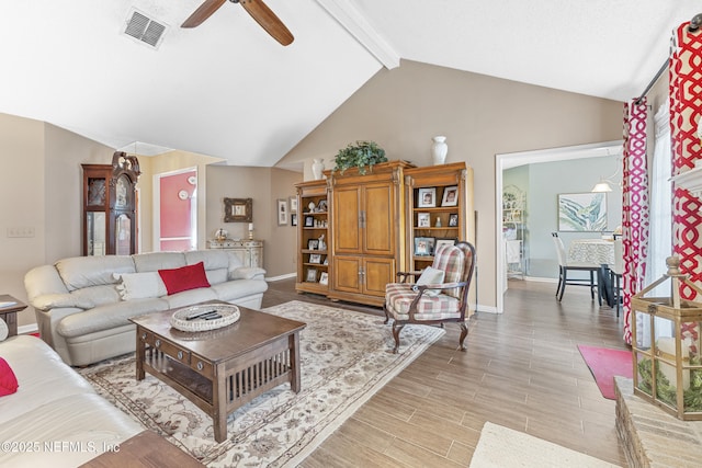10919 Houndwell Way, Jacksonville, FL 32225 - living area with ceiling fan, visible vents, light wood-type flooring, baseboards, and beamed ceiling