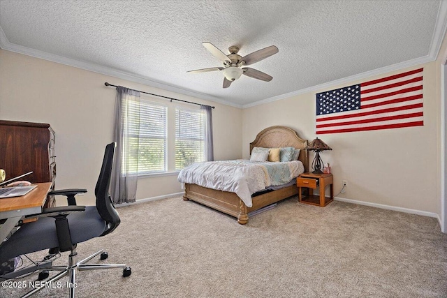 bedroom with carpet flooring, a textured ceiling, and ornamental molding
