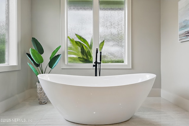 details with baseboards and a freestanding tub