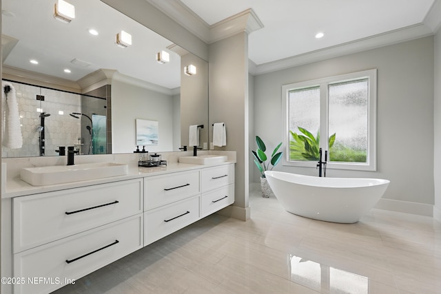 full bathroom with a sink, crown molding, a stall shower, and double vanity