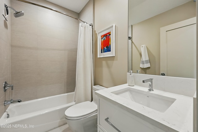 bathroom with toilet, shower / bath combination with curtain, and vanity
