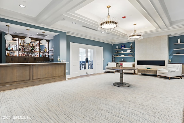 interior space featuring beamed ceiling, a bar, recessed lighting, and a notable chandelier