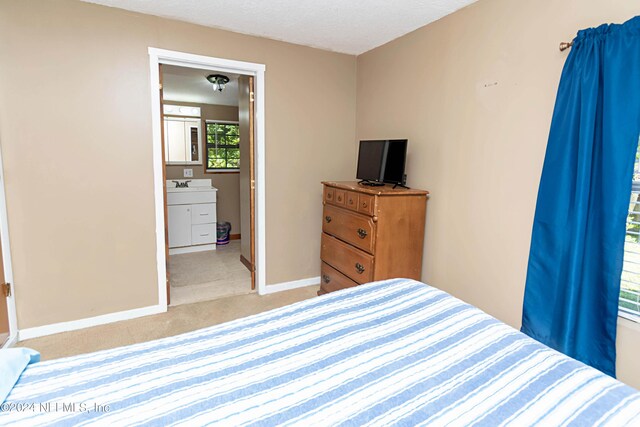 bedroom with a sink, baseboards, and light colored carpet