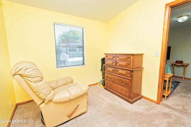 living area with baseboards and light carpet