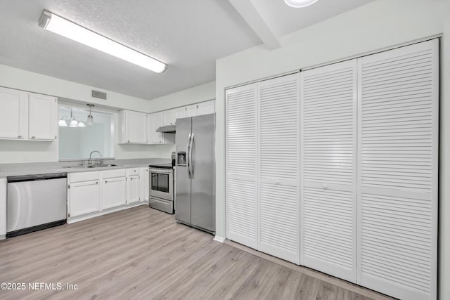 kitchen featuring white cabinets, appliances with stainless steel finishes, a sink, and light wood finished floors