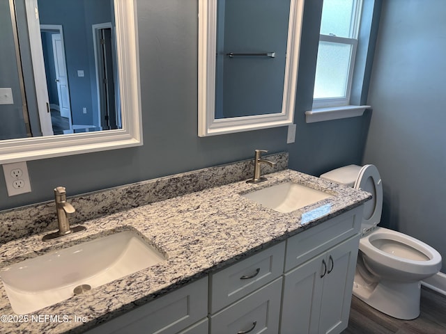 bathroom with a sink, double vanity, toilet, and wood finished floors