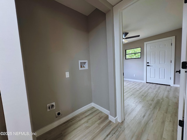 2103 W 14th St, Jacksonville, FL 32209 - laundry area featuring electric dryer hookup, ceiling fan, light wood-type flooring, and baseboards