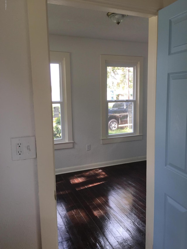 spare room with baseboards, dark wood-style floors, and a wealth of natural light