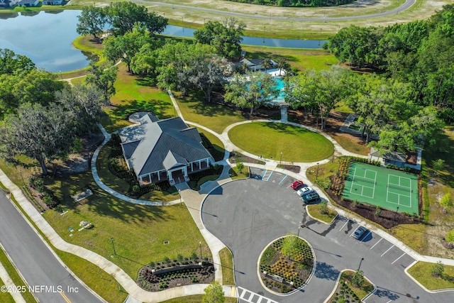 bird's eye view with a water view