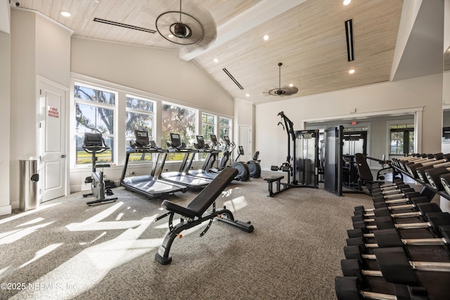 workout area with recessed lighting, carpet flooring, high vaulted ceiling, and wooden ceiling