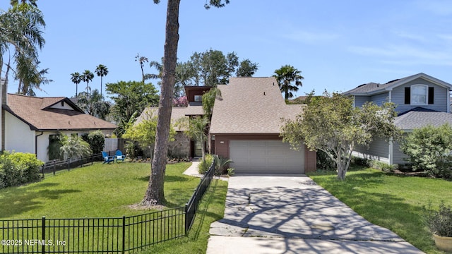 50 Jefferson Ave, Ponte Vedra Beach, FL 32082 - view of front of property with fence, an attached garage, driveway, a front lawn, and a shingled roof