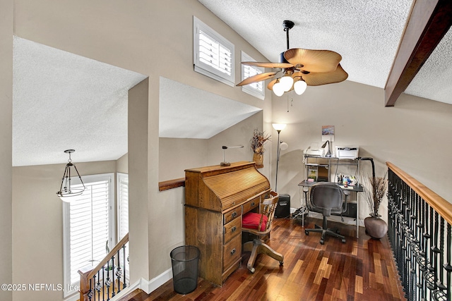 50 Jefferson Ave, Ponte Vedra Beach, FL 32082 - home office with vaulted ceiling with beams, ceiling fan, a textured ceiling, and wood finished floors