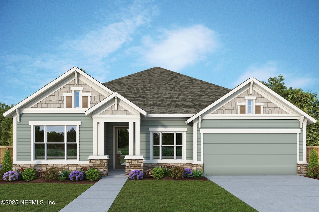 craftsman-style house featuring a garage, a front yard, stone siding, roof with shingles, and driveway