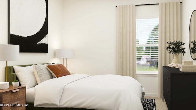bedroom with carpet flooring, baseboards, and multiple windows