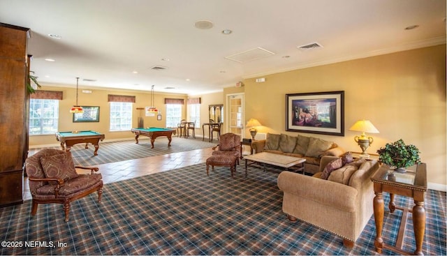 carpeted living room with crown molding, baseboards, visible vents, and billiards