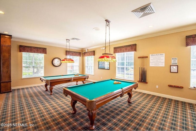 recreation room with billiards, baseboards, carpet, and visible vents