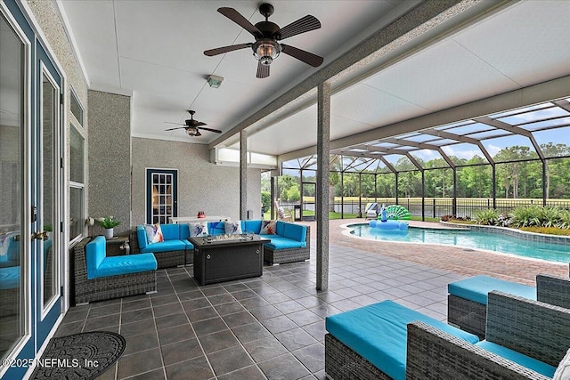 185 Edgewater Branch Dr, Saint Johns, FL 32259 - view of patio featuring an outdoor hangout area, a fenced in pool, ceiling fan, and a lanai
