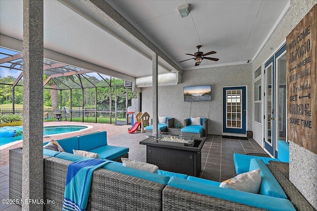 185 Edgewater Branch Dr, Saint Johns, FL 32259 - view of patio / terrace featuring an outdoor hangout area, a ceiling fan, a fenced in pool, and a lanai
