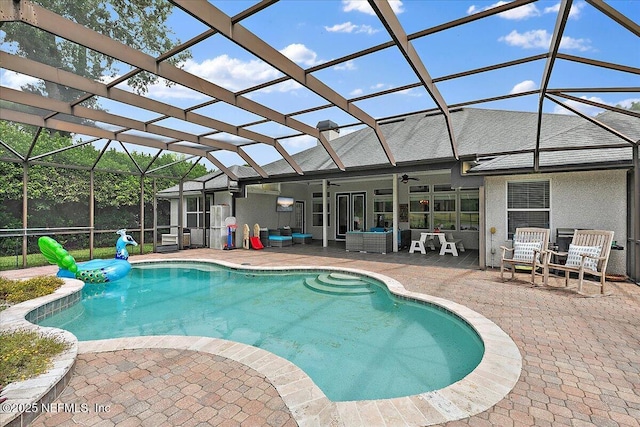 185 Edgewater Branch Dr, Saint Johns, FL 32259 - pool featuring a lanai, a ceiling fan, an outdoor hangout area, and a patio area