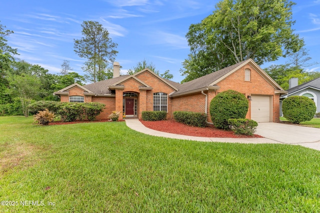 single story home featuring driveway, a chimney, a front yard, a garage, and brick siding