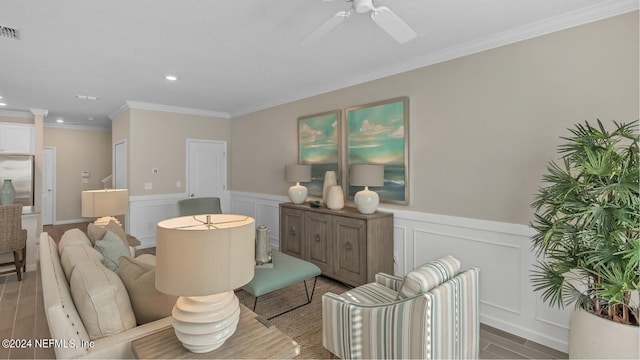 119 Craig Ct, Saint Johns, FL 32092 - sitting room featuring crown molding, recessed lighting, a ceiling fan, and a wainscoted wall
