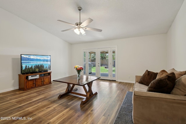 13198 Ebbtide Ct, Jacksonville, FL 32225 - living room featuring french doors, a ceiling fan, lofted ceiling, wood finished floors, and baseboards