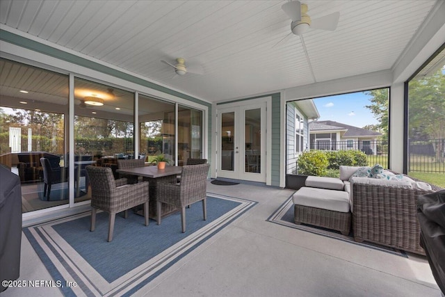 77 Palisade Dr, Saint Augustine, FL 32092 - sunroom featuring french doors, outdoor dining space, ceiling fan, and outdoor lounge area