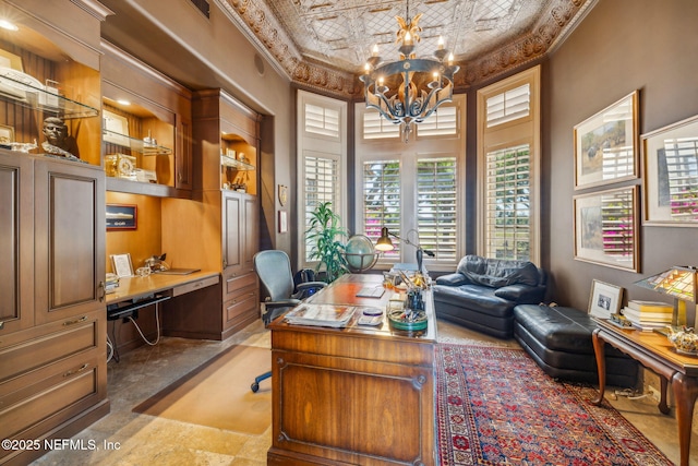 108 Harbourmaster Ct, Ponte Vedra Beach, FL 32082 - home office with an ornate ceiling, a chandelier, and ornamental molding