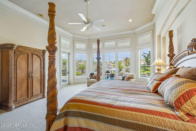 108 Harbourmaster Ct, Ponte Vedra Beach, FL 32082 - bedroom featuring access to exterior, ornamental molding, light colored carpet, a ceiling fan, and recessed lighting