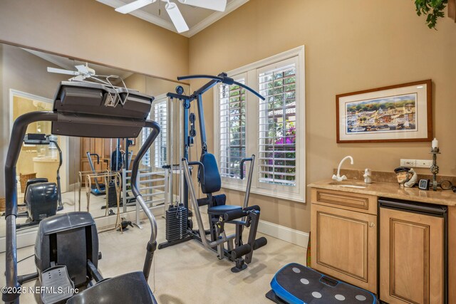 108 Harbourmaster Ct, Ponte Vedra Beach, FL 32082 - exercise area featuring a sink, ceiling fan, crown molding, light colored carpet, and baseboards