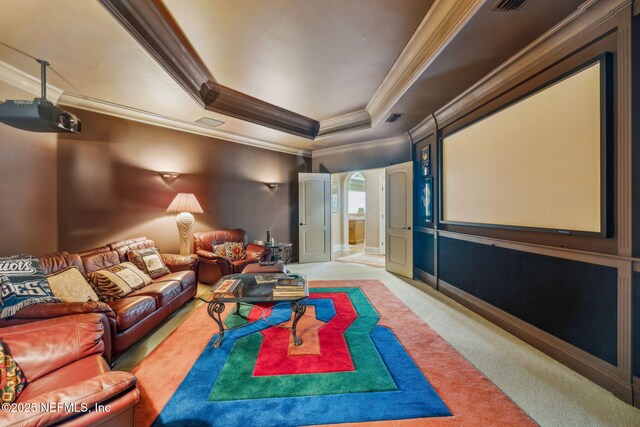 108 Harbourmaster Ct, Ponte Vedra Beach, FL 32082 - carpeted cinema featuring crown molding, a raised ceiling, and arched walkways