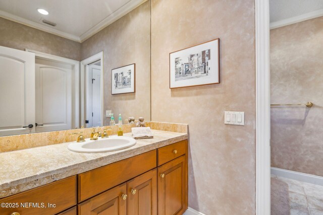 108 Harbourmaster Ct, Ponte Vedra Beach, FL 32082 - bathroom with ornamental molding, vanity, and baseboards