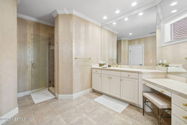 108 Harbourmaster Ct, Ponte Vedra Beach, FL 32082 - bathroom featuring crown molding, a shower stall, recessed lighting, vanity, and baseboards