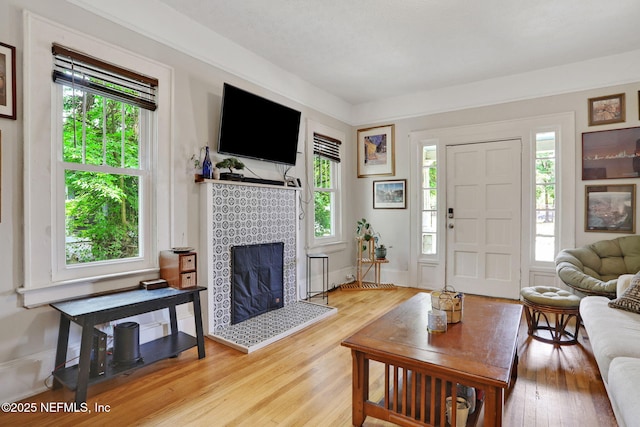 living room featuring light wood-style flooring and a tile fireplace