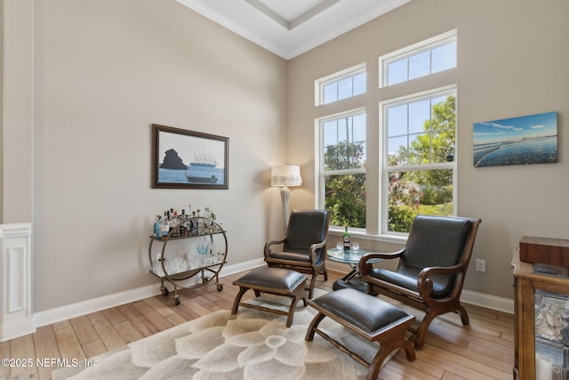 living area featuring wood-type flooring, ornamental molding, and baseboards