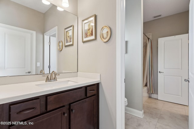 full bathroom featuring visible vents, tile patterned flooring, vanity, toilet, and shower / bath combo