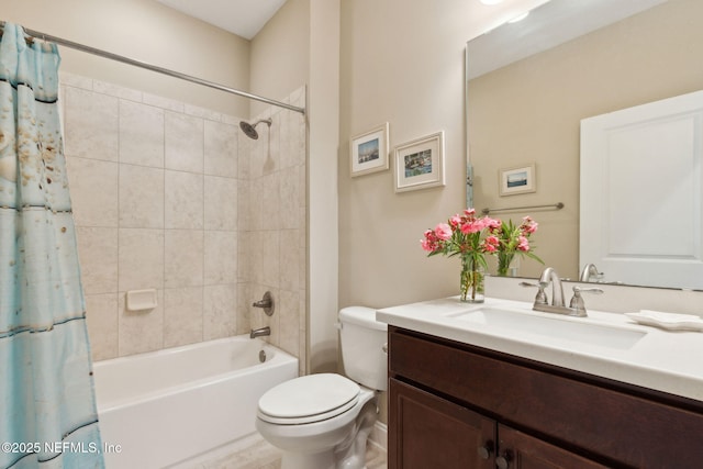 full bathroom featuring vanity, shower / bathtub combination with curtain, and toilet