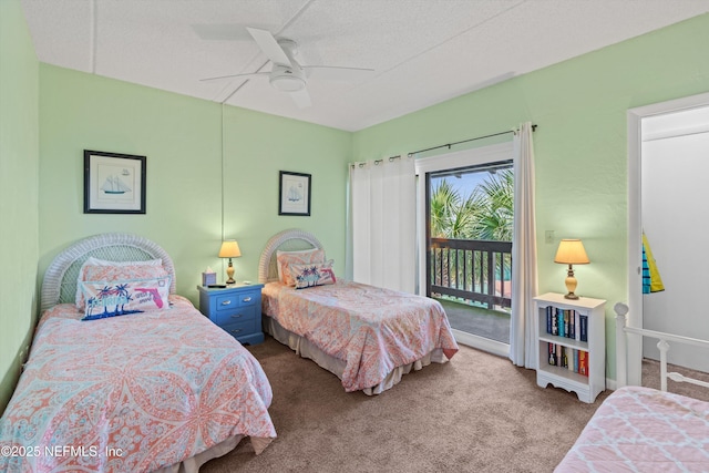 carpeted bedroom featuring a ceiling fan and access to exterior