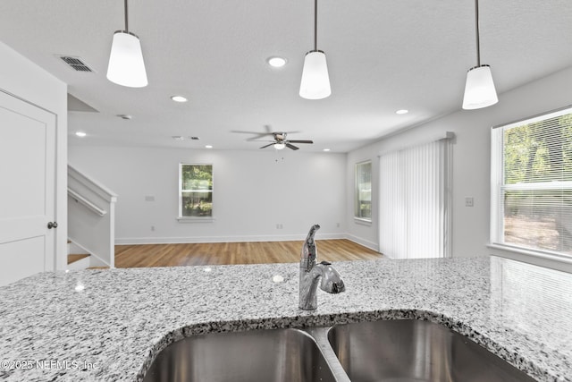 4220 Ribault River Ln, Jacksonville, FL 32209 - kitchen featuring light wood-style floors, a sink, recessed lighting, and light stone countertops
