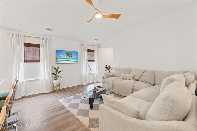 80 Boulder Ln, Saint Johns, FL 32259 - living room featuring lofted ceiling, wood finished floors, ceiling fan, and baseboards