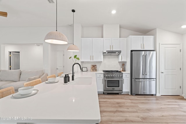 80 Boulder Ln, Saint Johns, FL 32259 - kitchen with high quality appliances, a sink, under cabinet range hood, white cabinets, and light wood-style flooring