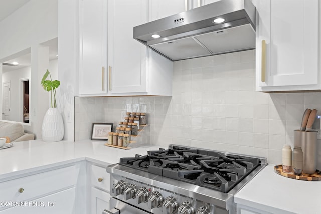 80 Boulder Ln, Saint Johns, FL 32259 - kitchen with under cabinet range hood, stainless steel range, light countertops, white cabinetry, and tasteful backsplash